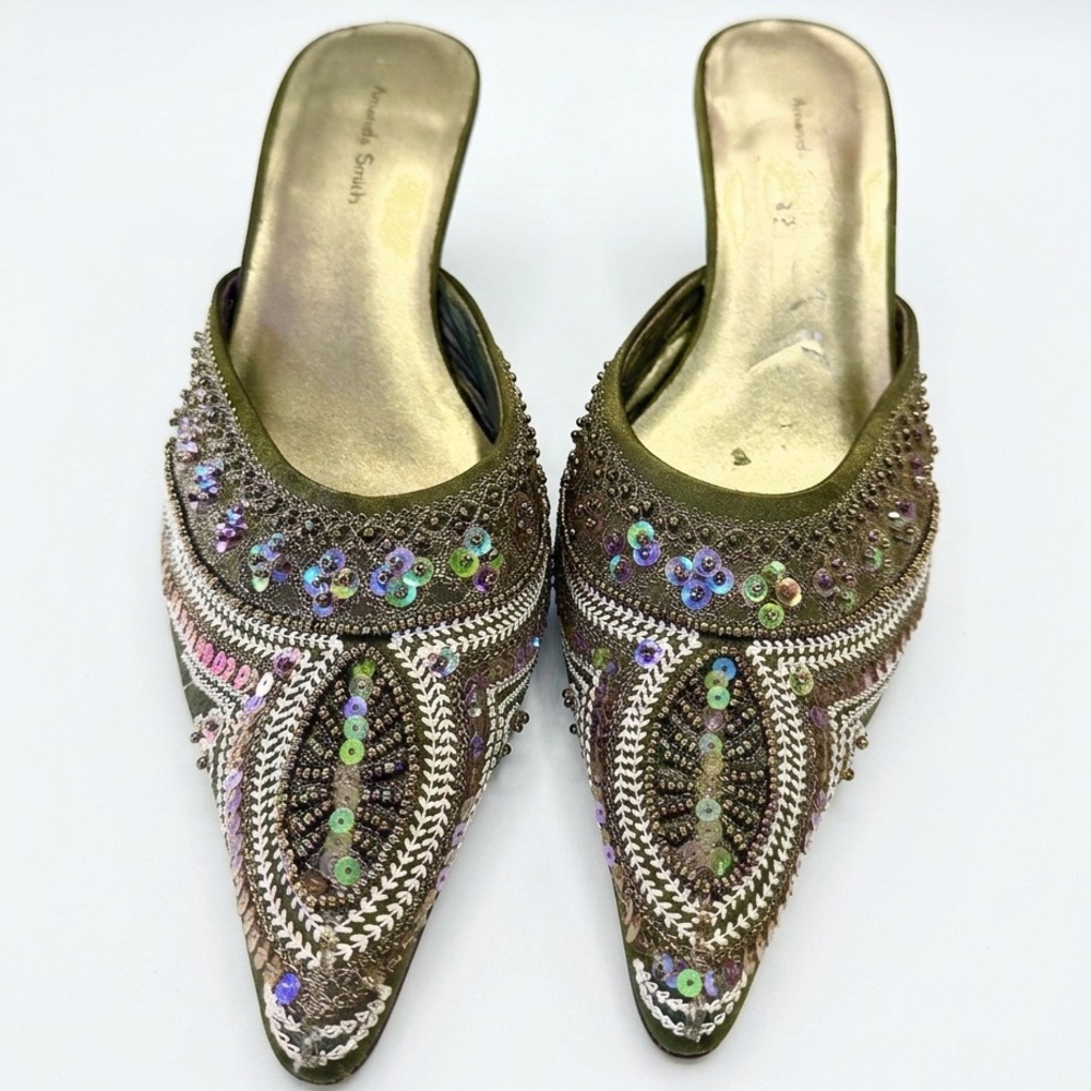 Vintage | Sequin & Beaded Embroidered Olive Green Leather Kitten Heels